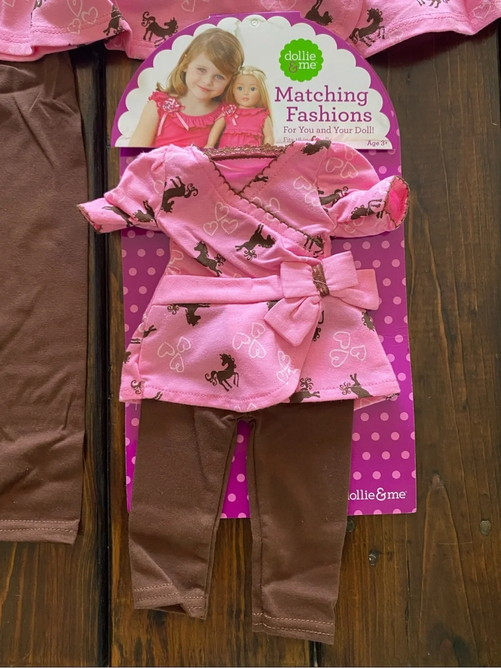 Dollie & Me Pink & Brown Horse-Print Set with Matching Doll Outfit. Size 5